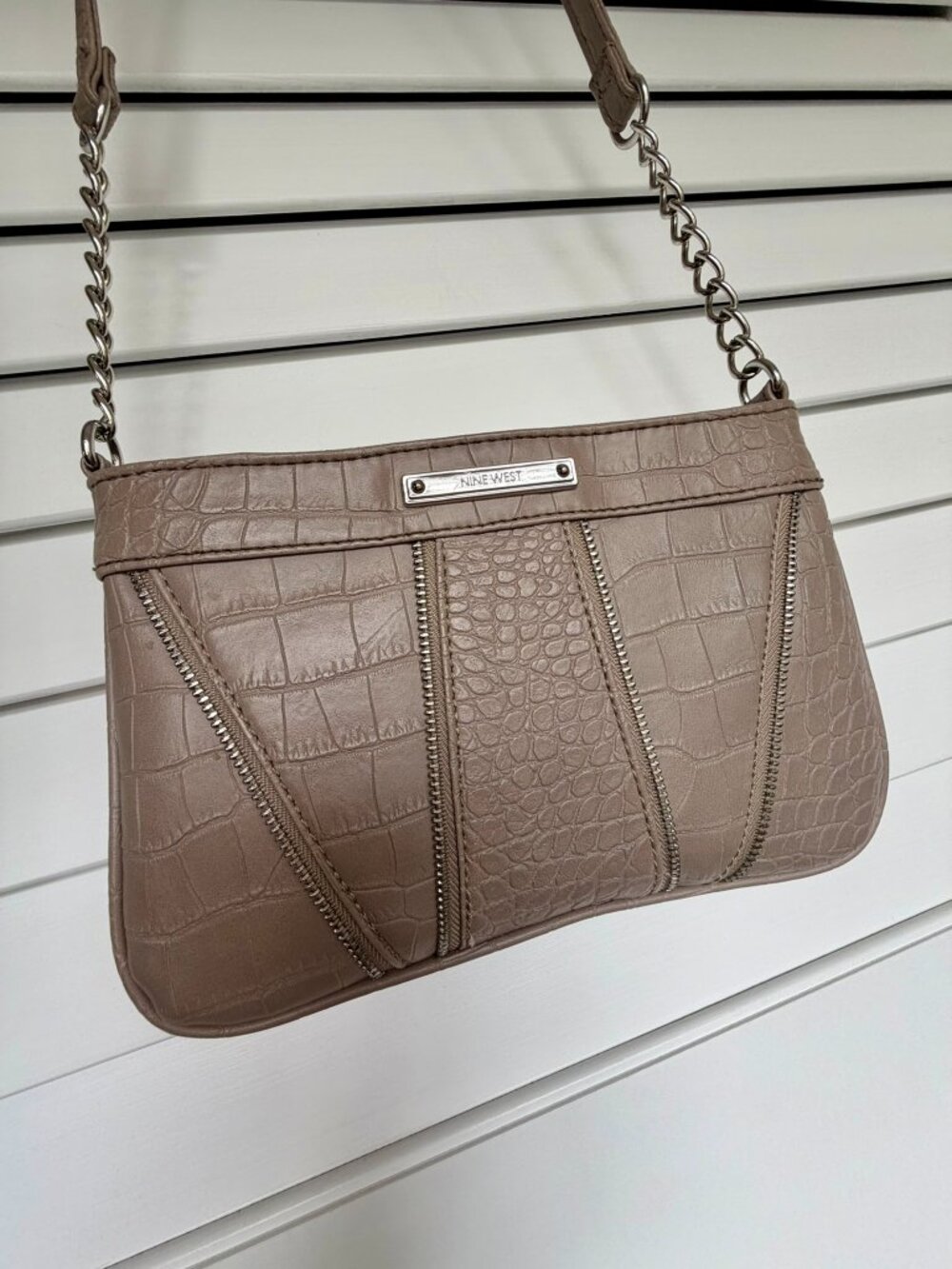 Nineβ―West Taupe CrocβEmbossed Crossbody Bag with Silver Accents and Zip Closure